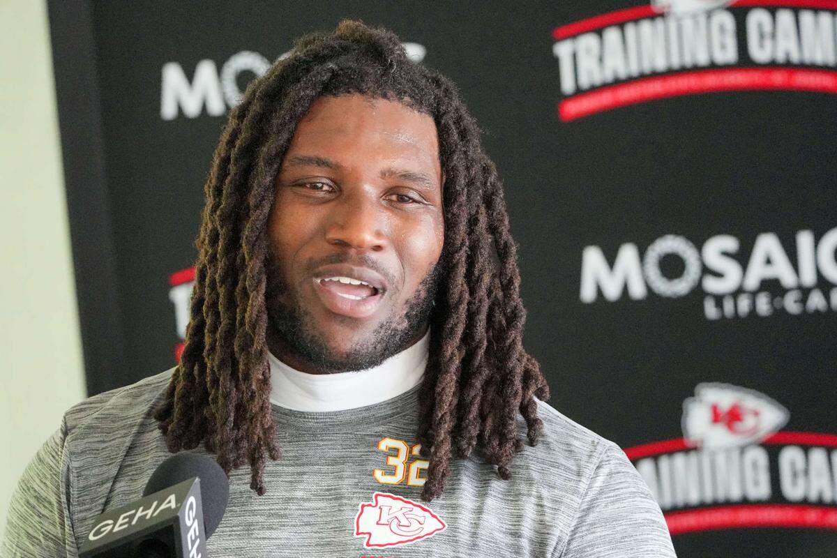 Kansas City Chiefs linebacker Nick Bolton (32) talks with media after training camp at Missouri Western State University on July 22, 2024 in St. Joseph.