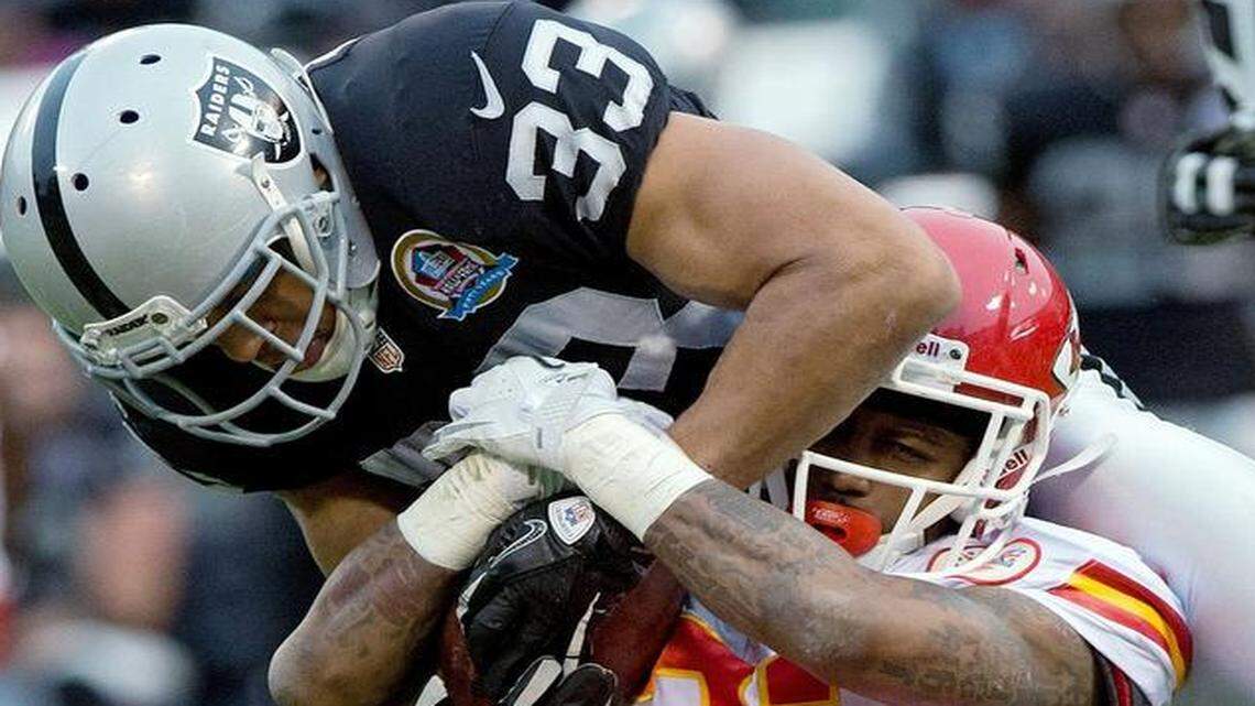 
Now he’ll be playing for the Chiefs, but back in this 2012 game against the Chiefs, Tyvon Branch (33) was playing for the Oakland Raiders. Here he brought down Chiefs wide receiver Dexter McCluster (22) in the Dec. 16, 2012, game at Oakland.
