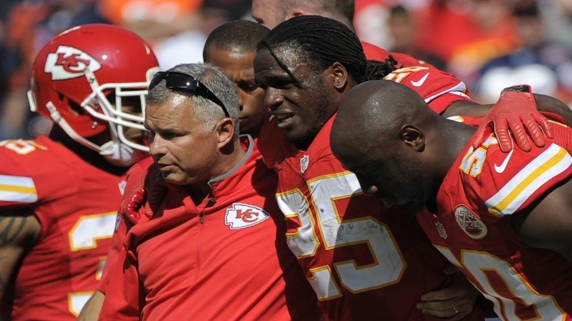 Kansas City Chiefs running back Jamaal Charles was helped off the field after an injury against the Chicago Bears on Oct. 11.