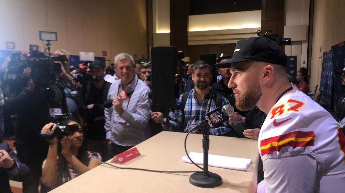 Kansas City Chiefs tight end Travis Kelce answers questions during Tuesday’s Super Bowl LVII team availability at the Chiefs hotel at the Hyatt Regency Scottsdale Resort & Spa at Gainey Ranch in Scottsdale, Arizona.