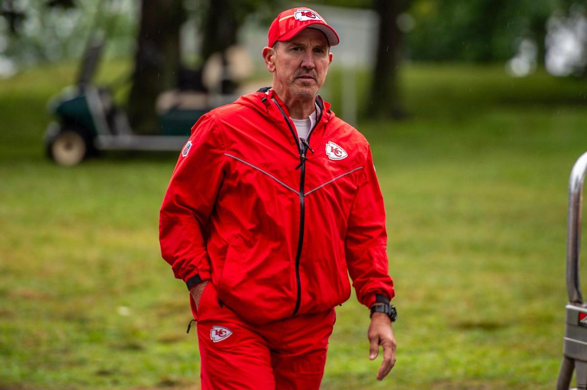 Kansas City Chiefs defensive coordinator Steve Spagnuolo walks down to the practice field at Chiefs training camp on Monday, July 31, 2023, in St. Joseph, Mo.