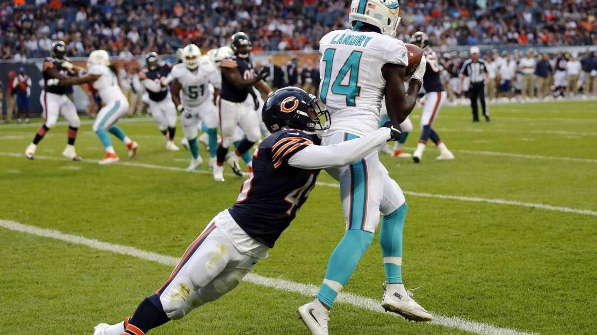 Miami Dolphins wide receiver Jarvis Landry made a catch for a touchdown in front of Chicago Bears free safety Brock Vereen during a preseason game in last year.