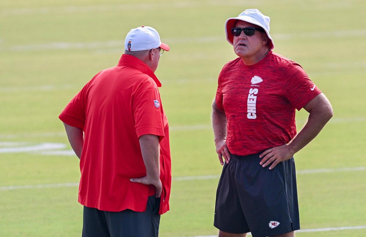 Chiefs coach Andy Reid, left, talks with Dave Toub, assistant head coach and special teams coordinator, during training camp at Missouri Western State University on Saturday, July 27, 2024, in St. Joseph.