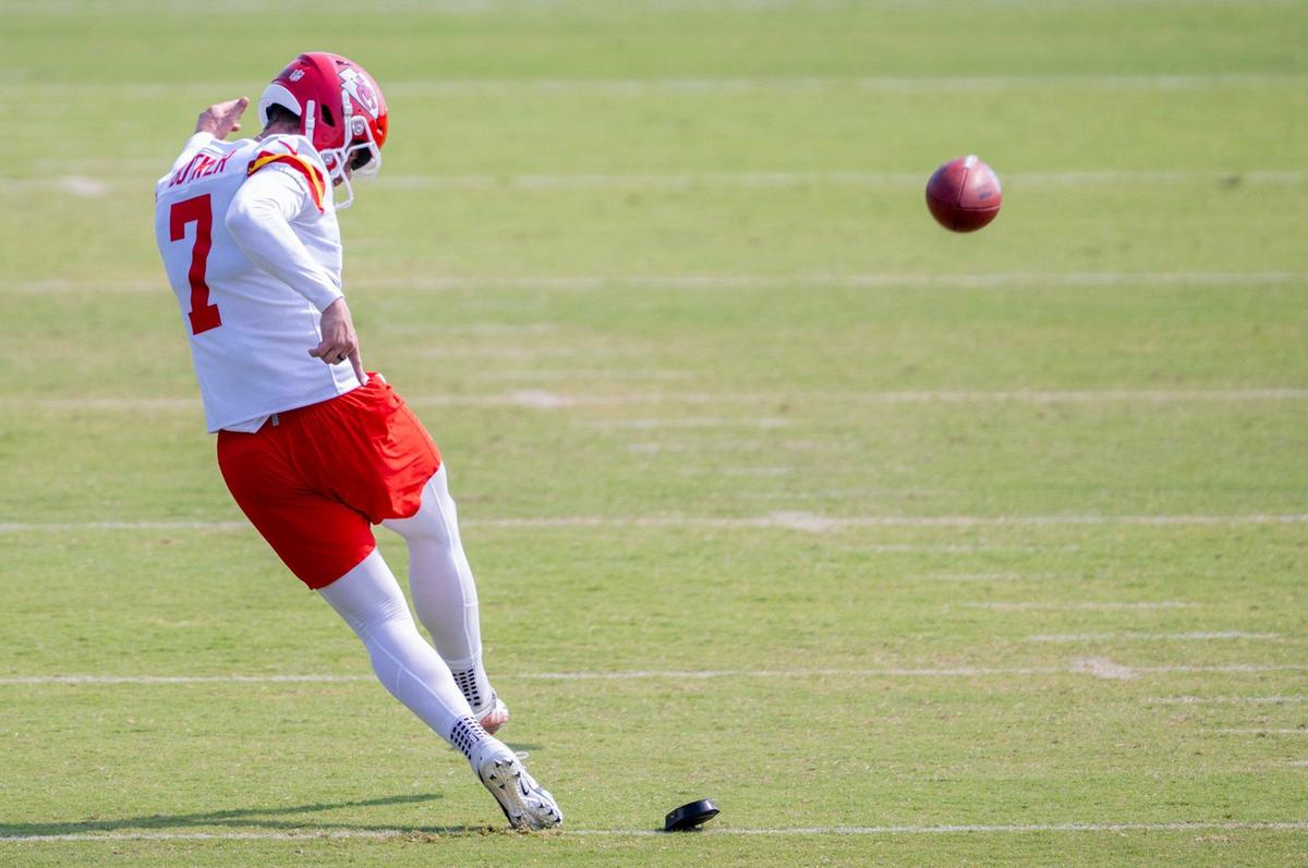Chiefs kicker Harrison Butker practices a kick during training camp at Missouri Western State University on Wednesday, July 24, 2024, in St. Joseph.