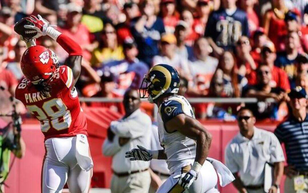 
Chiefs strong safety Ron Parker made an interception on a pass intended for Rams wide receiver Kenny Britt in the first quarter of Sunday’s game at Arrowhead Stadium.

