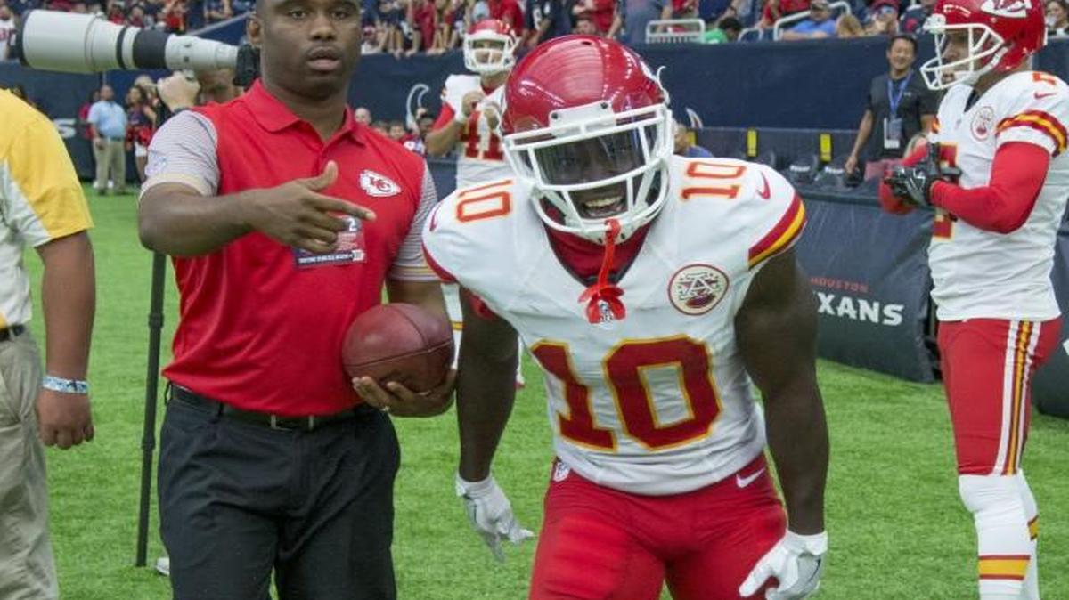Kansas City Chiefs wide receiver Tyreek Hill after running a kickoff back in the fourth quarter. It was called back because of a penalty.