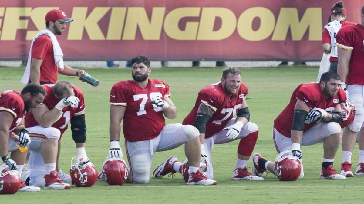 Offensive-line members tackle, from left, Jah Reid, tackle Mitchell Schwartz, guard Laurent Duvernay-Tardif, guard Parker Ehinger, Eric Fisher and center Mitch Morse took a breather during a practice earlier this month.