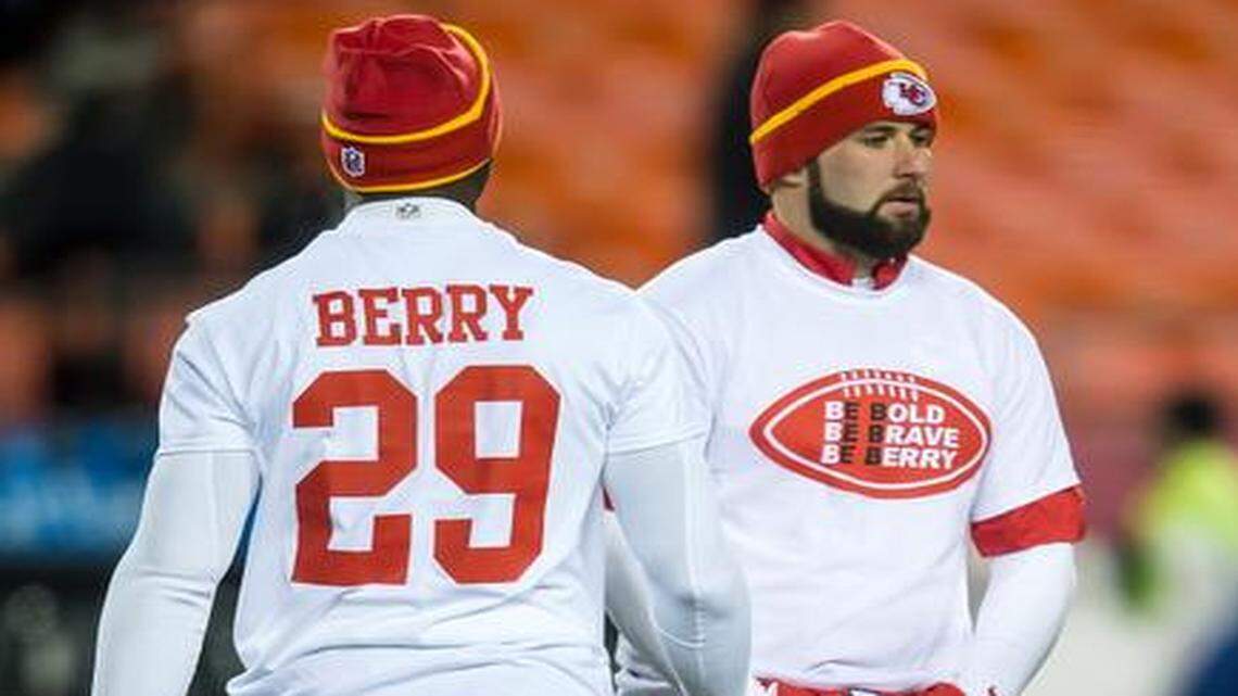 
In warmups before Sunday night’s game against the Denver Broncos, backup quarterback Chase Daniel (right) and other Chiefs players wore T-shirts in tribute to teammate Eric Berry, who is out for the season and is undergoing tests for possible lymphoma.
