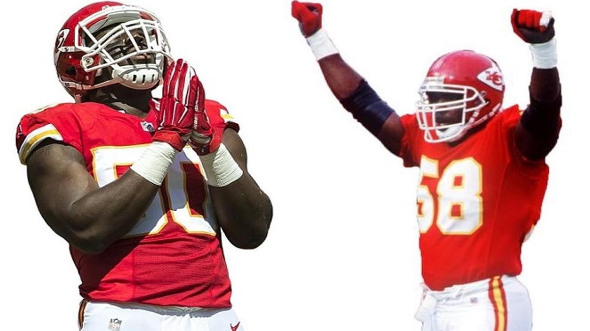 
Justin Houston, left, broke Derrick Thomas’ single-season franchise sack record in 2014.
