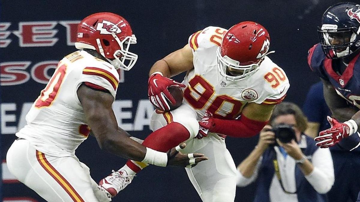 Kansas City Chiefs inside linebacker Josh Mauga intercepted a pass near the goal line in the second quarter of Saturday’s game in Houston.