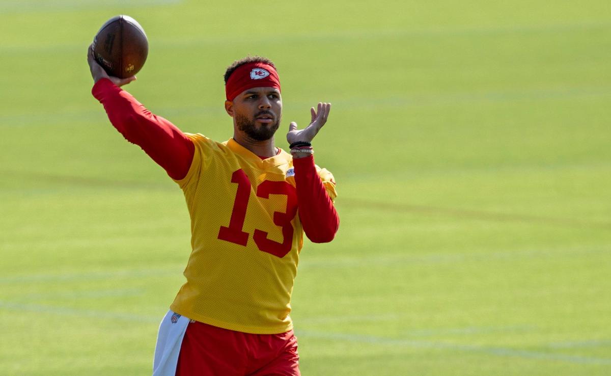 Chiefs quarterback Chris Oladokun practices during training camp at Missouri Western State University on Friday, July 19, 2024, in St. Joseph.