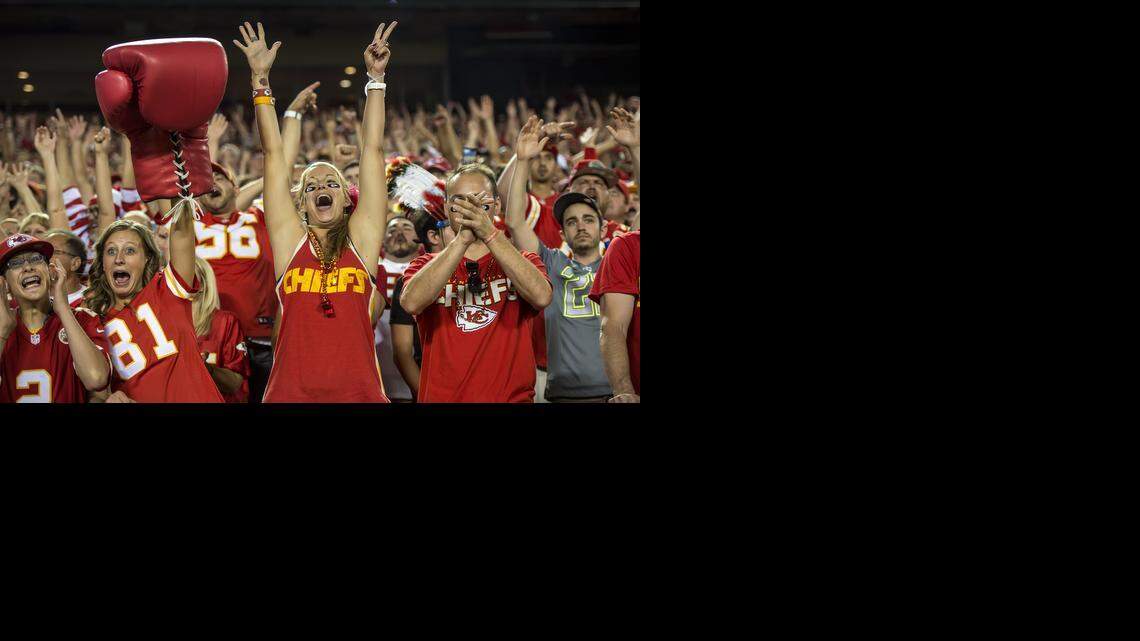 
Kansas City Chiefs fans celebrated a touchdown by Kansas City Chiefs tight end Travis Kelce in the 41-14 win over the New England Patriots at Arrowhead Stadium in Kansas City, Mo. on Monday night, September 29, 2014.
