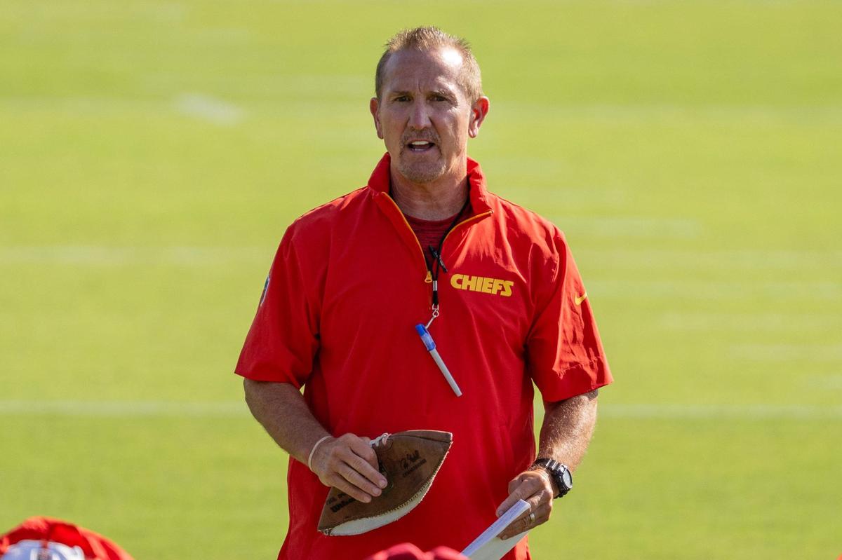 Kansas City Chiefs defensive coordinator Steve Spagnuolo guides players through a warm up drill during practice at Chiefs training camp on Thursday, July 18, 2024, in St. Joseph.