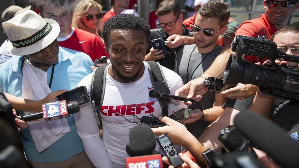 
Kansas City Chiefs rookie running back LaVance Taylor was surrounded by media on Friday at Missouri Western State University in St. Joseph, Mo.
