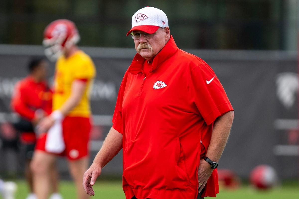 Kansas City Chiefs head coach Andy Reid observes players during practice at the Chiefs training complex on Thursday, Sept. 19, 2024, in Kansas City.