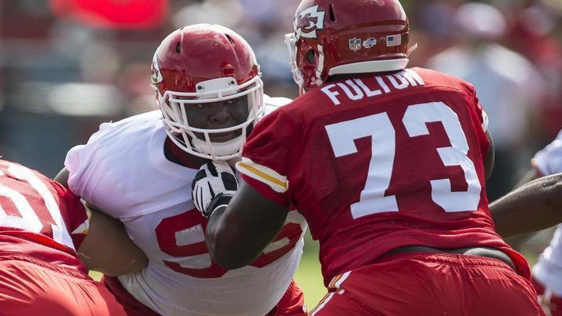 
Kansas City Chiefs defensive tackle Jaye Howard was blocked by tackle Zach Fulton training camp practice on Saturday.

