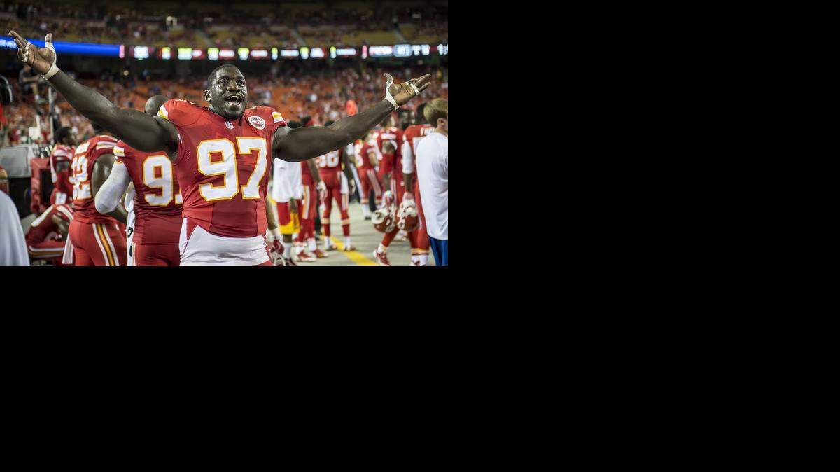 
Kansas City Chiefs defensive end Allen Bailey celebrated in the final moments of the 41-14 victory over the New England Patriots at Arrowhead Stadium in September.
