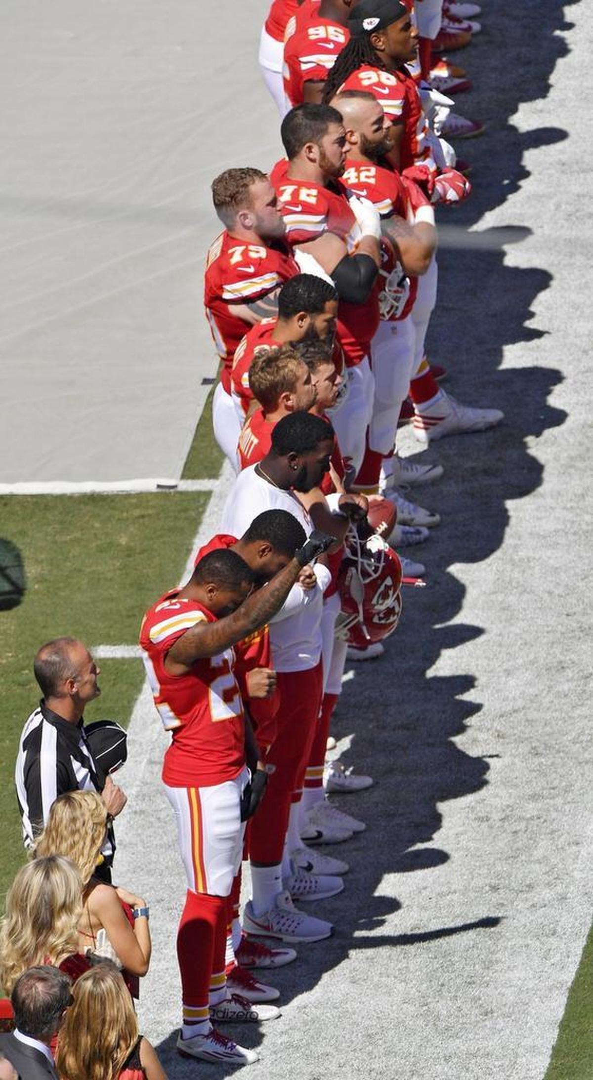 Before the Chiefs’ game on Sept. 11, 2016, Peters stood for the playing of the anthem but held his black-gloved fist in the air.