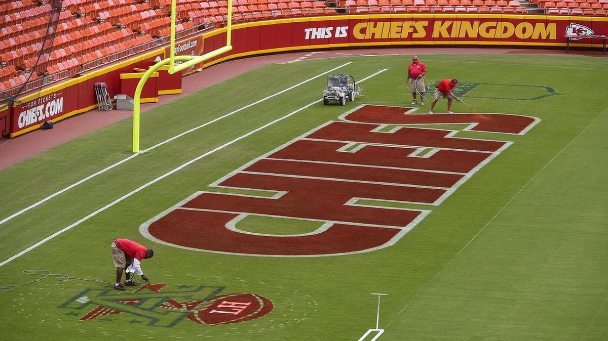 
Chiefs groundskeepers Scott Martin (clockwise, from top left), Doug Schallenberg and Terry Lee painted an end zone of Arrowhead Stadium in advance of the Thursday night home opener against the Denver Broncos. (7:25 p.m. on CBS, NFL Network)
