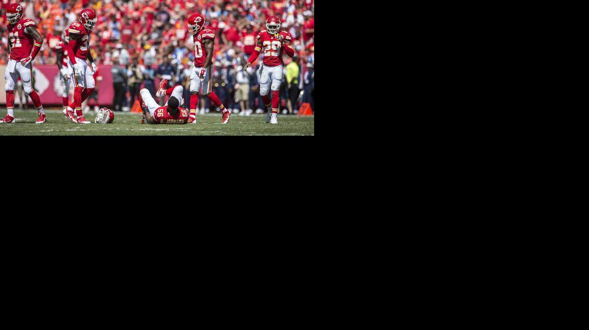 
Kansas City Chiefs inside linebacker Derrick Johnson (56) tore his Achilles tendon in the second quarter against the Tennessee Titans at Arrowhead Stadium in Kansas City, Mo. on September 7, 2014. The Titans won, 26-10.
