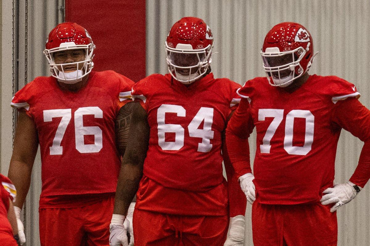 Kansas City Chiefs offensive linemen Kingsley Suamataia, Wanya Morris and D.J. Humphries go through Chiefs practice on Thursday, Dec. 5, 2024.