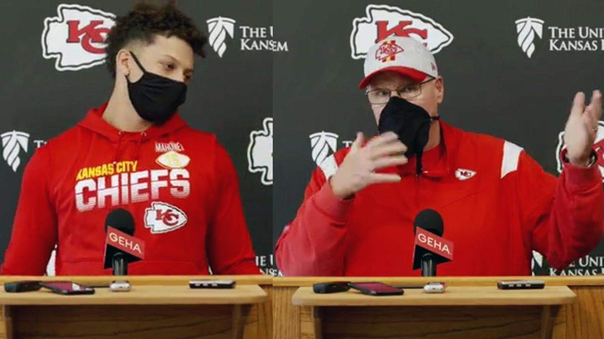 Chiefs quarterback Patrick Mahomes and head coach Andy Reid wore masks during media availability Wednesday, Dec. 1, 2021. The NFL changed its guidelines to require masks for three days following Thanksgiving, and also after Christmas this year.