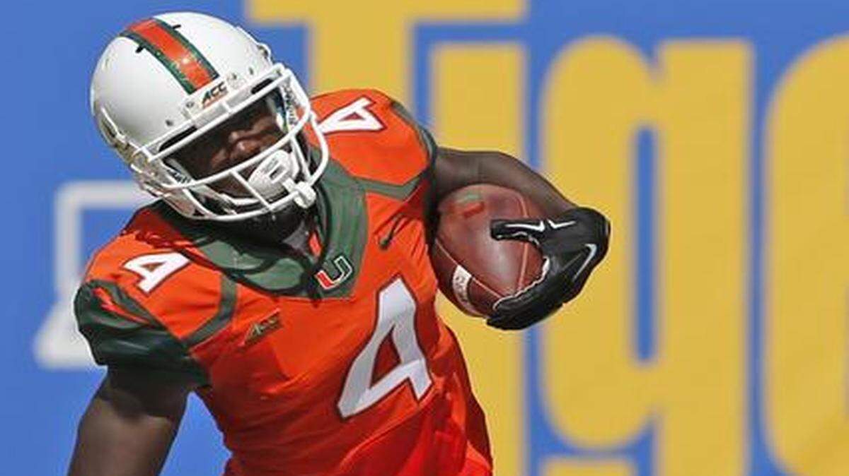 
Miami’s Phillip Dorsett is not a big receiver, but he makes up for any lack of size with his blazing speed.
