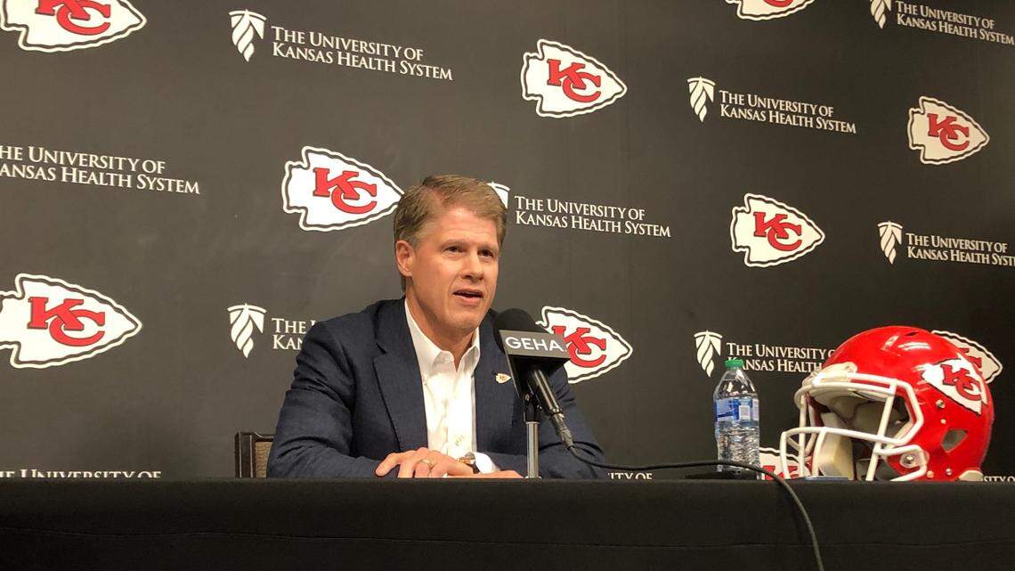 Chiefs owner Clark Hunt talks to reporters ahead of the second day of the NFL Draft on Friday, April 28, 2023 at the Chiefs practice facility.