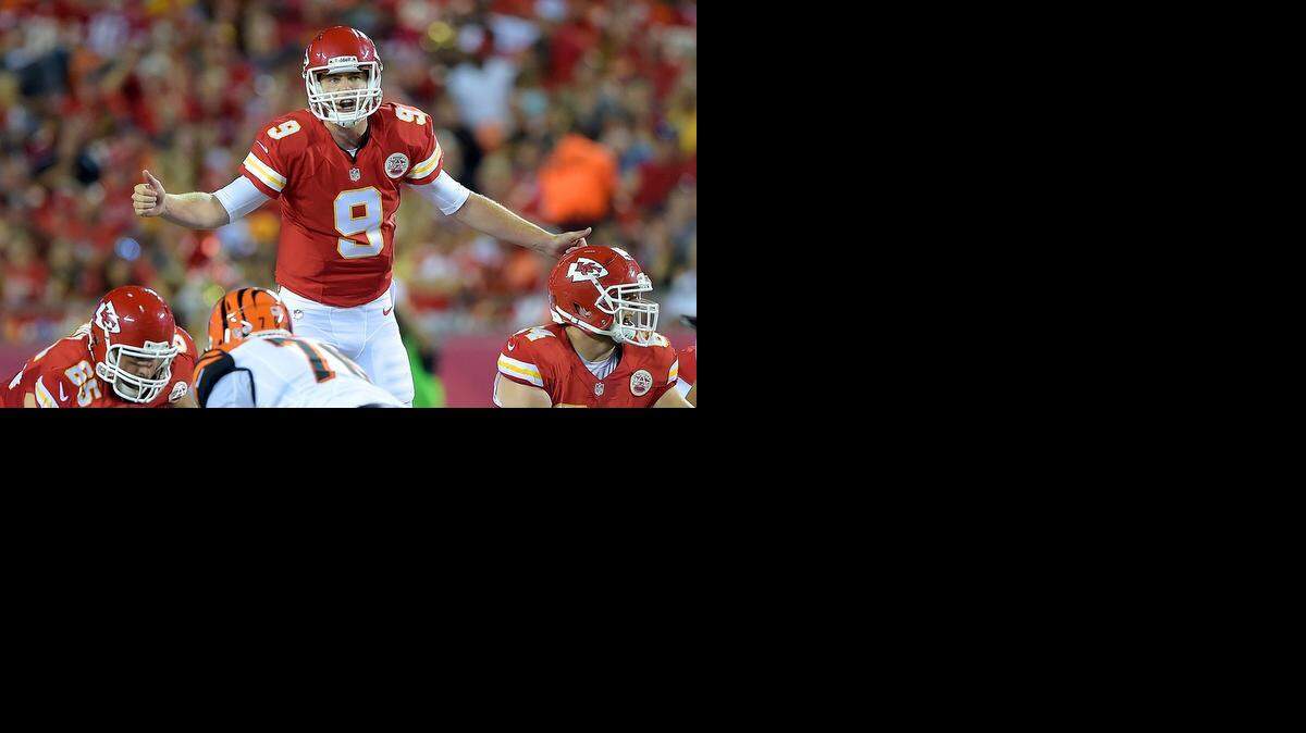 
Kansas City Chiefs quarterback Tyler Bray (9) changes the play at the line in the third quarter during Thursday's preseason football game against the Kansas City Chiefs on August 7, 2014 at Arrowhead Stadium in Kansas City, Mo.
