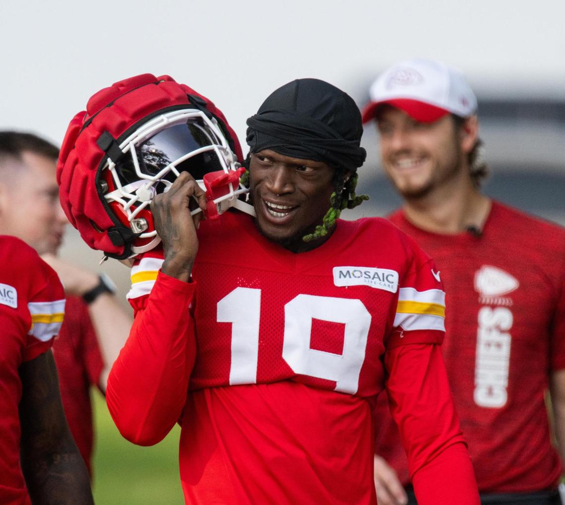 Kansas City Chiefs wide receiver Kadarius Toney (19) walks to the field during training camp on Monday, July 22, 2024, in St. Joseph.