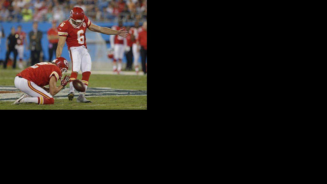 
Kansas City Chiefs' Ryan Succop (6) kicks a field goal against the Carolina Panthers during the first half of a preseason NFL football game in Charlotte, N.C., Sunday, Aug. 17, 2014. The kick was good. (AP Photo/Chuck Burton)
