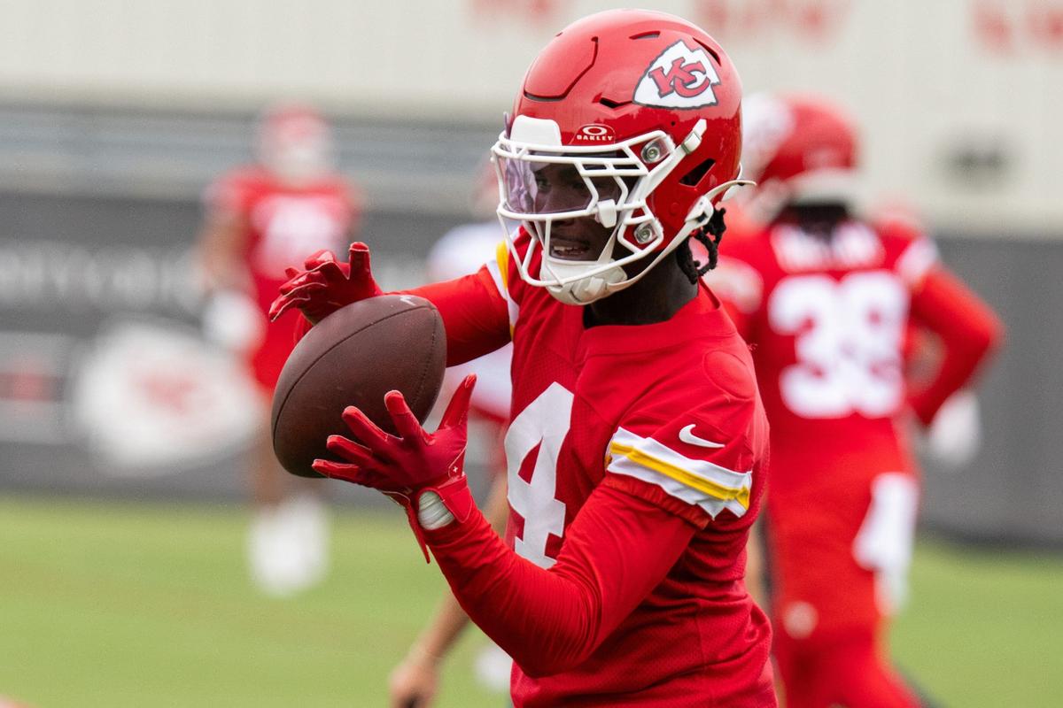 Chiefs WR Rashee Rice catches a pass during practice on Thursday, September 12, 2024.