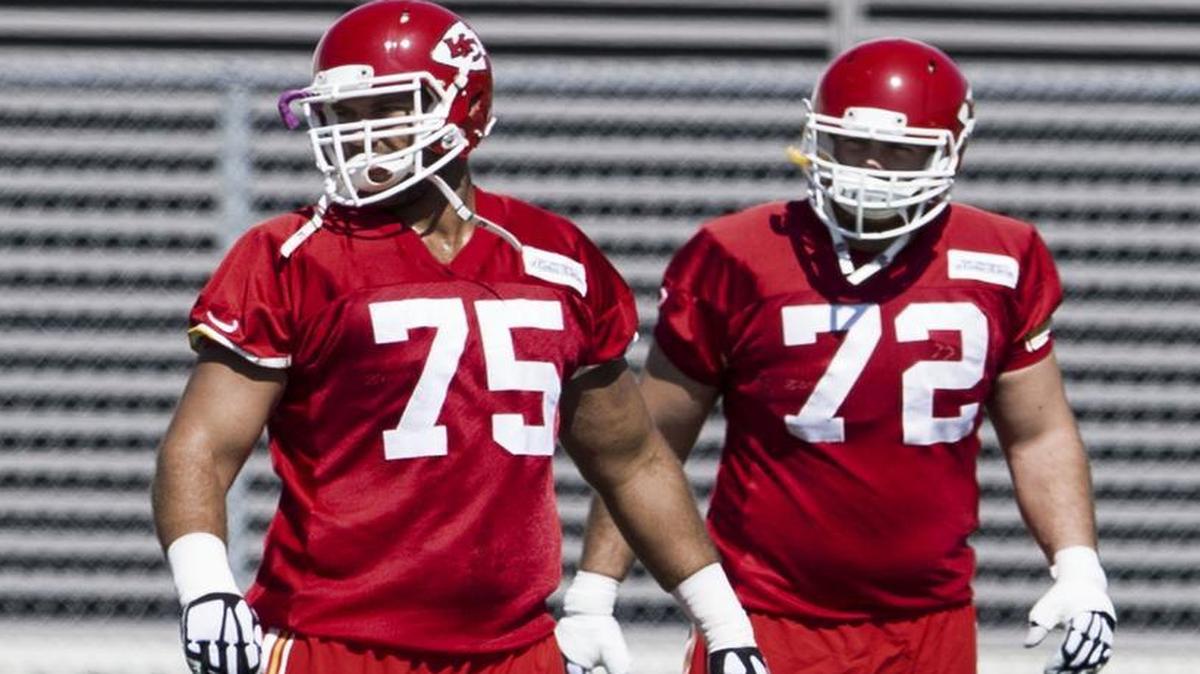 
“I could tell this is a place I’d like to be,” Jah Reid (left) said. He’s been practicing at right tackle. He could start in place of Eric Fisher on Sunday.


