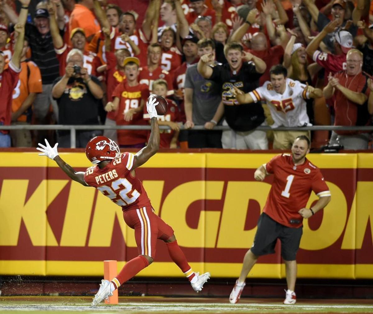 Peters has a flair for the dramatic during games, such as when he scored on this pick-six vs. the Denver Broncos early in his rookie season.