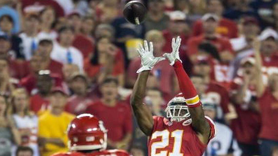 
Kansas City Chiefs cornerback Sean Smith intercepted a pass from New England Patriots quarterback Tom Brady in a game in September.
