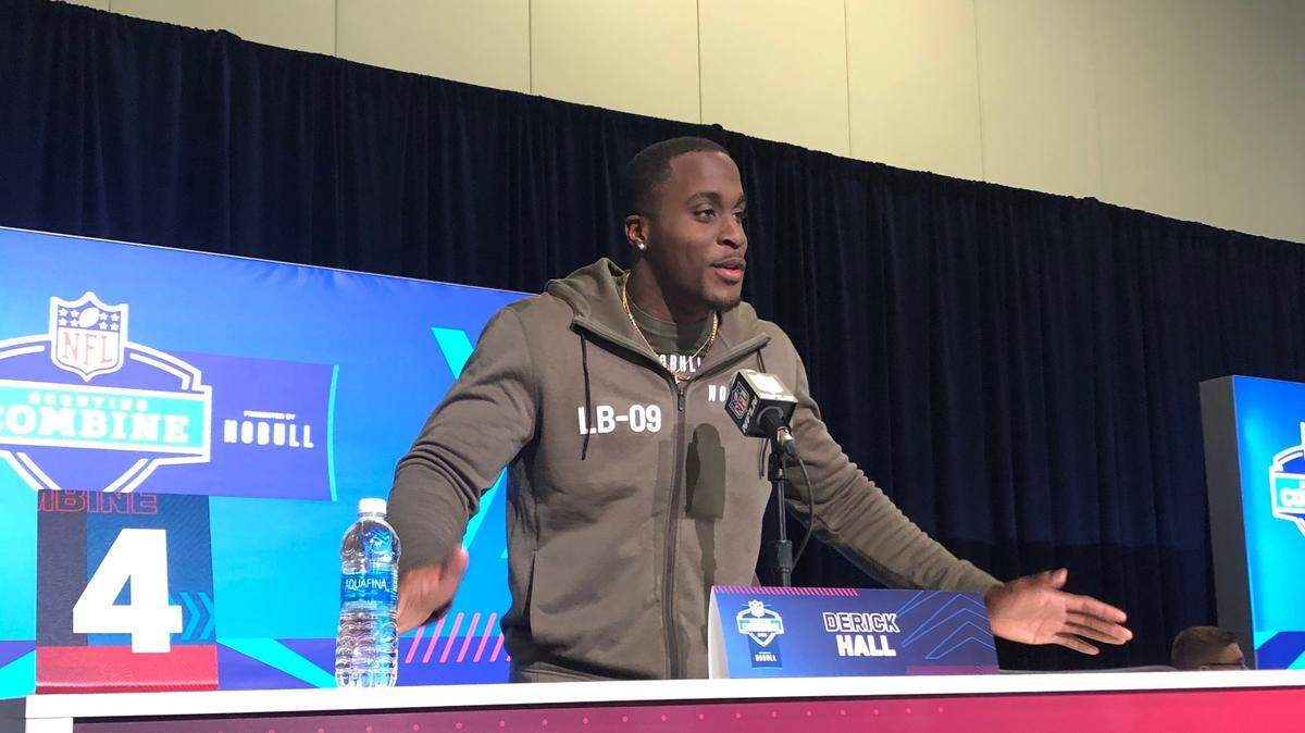 Auburn edge rusher Derick Hall speaks to reporters during an interview session at the NFL Combine on Wednesday, March 1, 2023, at Indianapolis Convention Center in Indianapolis.