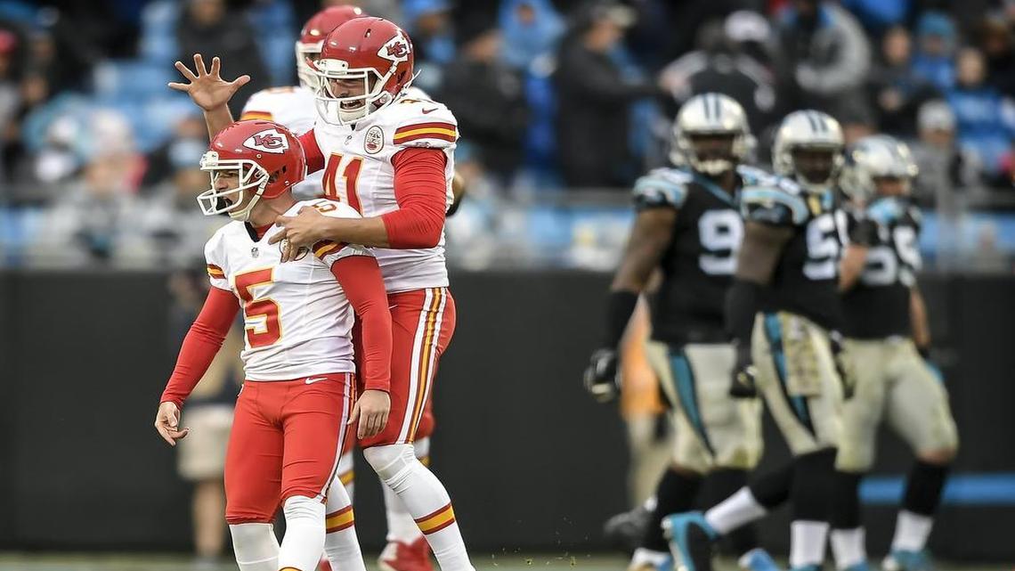 Kansas City Chiefs kicker Cairo Santos (5) celebrated with long snapper James Winchester (41) after Santos' 37-yard fieldgoal with no time remaining to beat the Carolina Panthers, 20-17, on November 13, 2016 at Bank of America Stadium in Charlotte, NC.