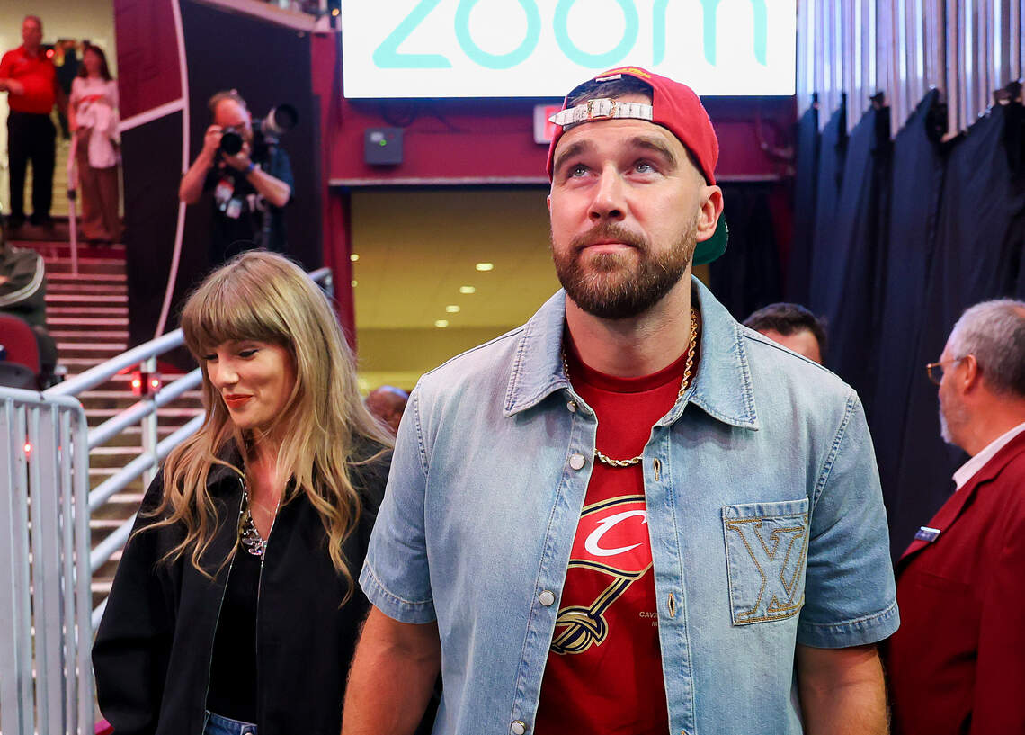 Travis Kelce, Taylor Swift sported denim fits to watch NBA playoffs in Cleveland