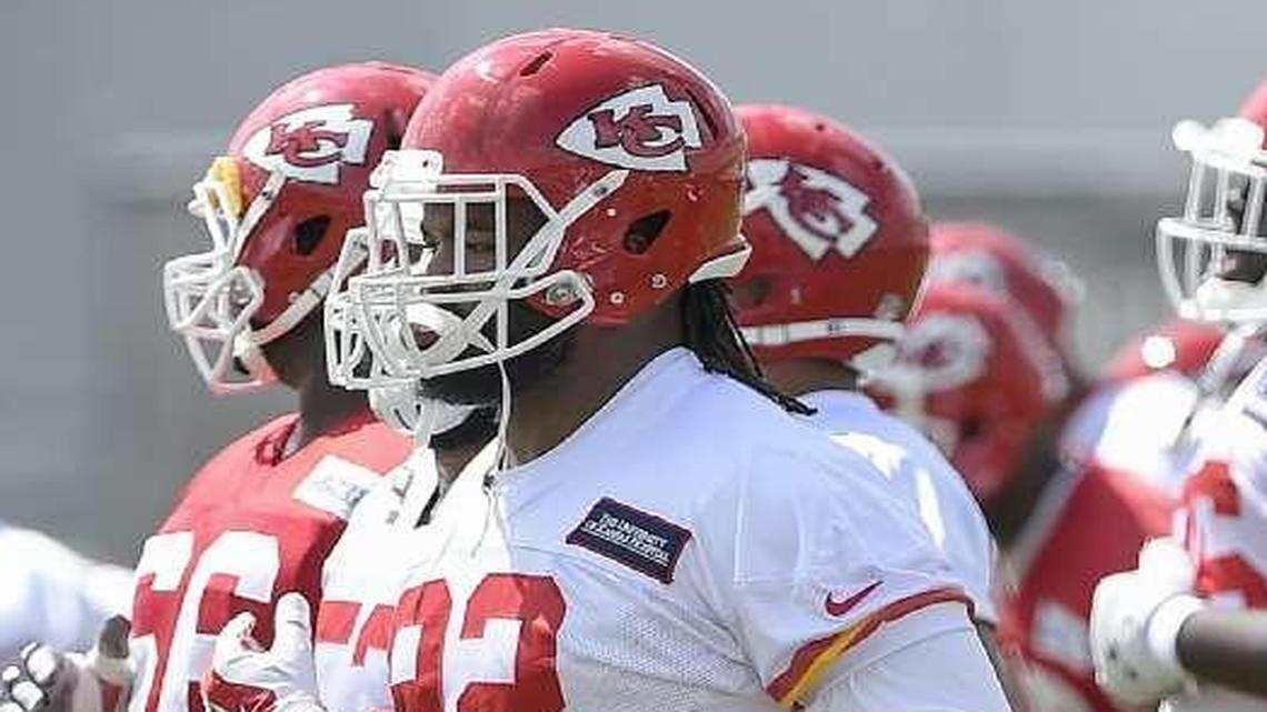 
Chiefs nose tackle Dontari Poe (center), who dealt with a herniated disk in his back this summer, did not practice Wednesday because of a high ankle sprain.
