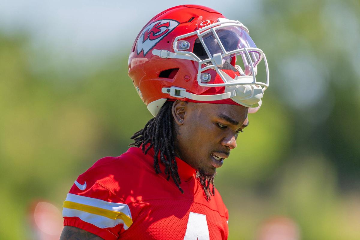 Kansas City Chiefs wide receiver Rashee Rice (4) attends the second day of mandatory mini-camp practice at the Chiefs training complex on Wednesday, June 12, 2024, in Kansas City.