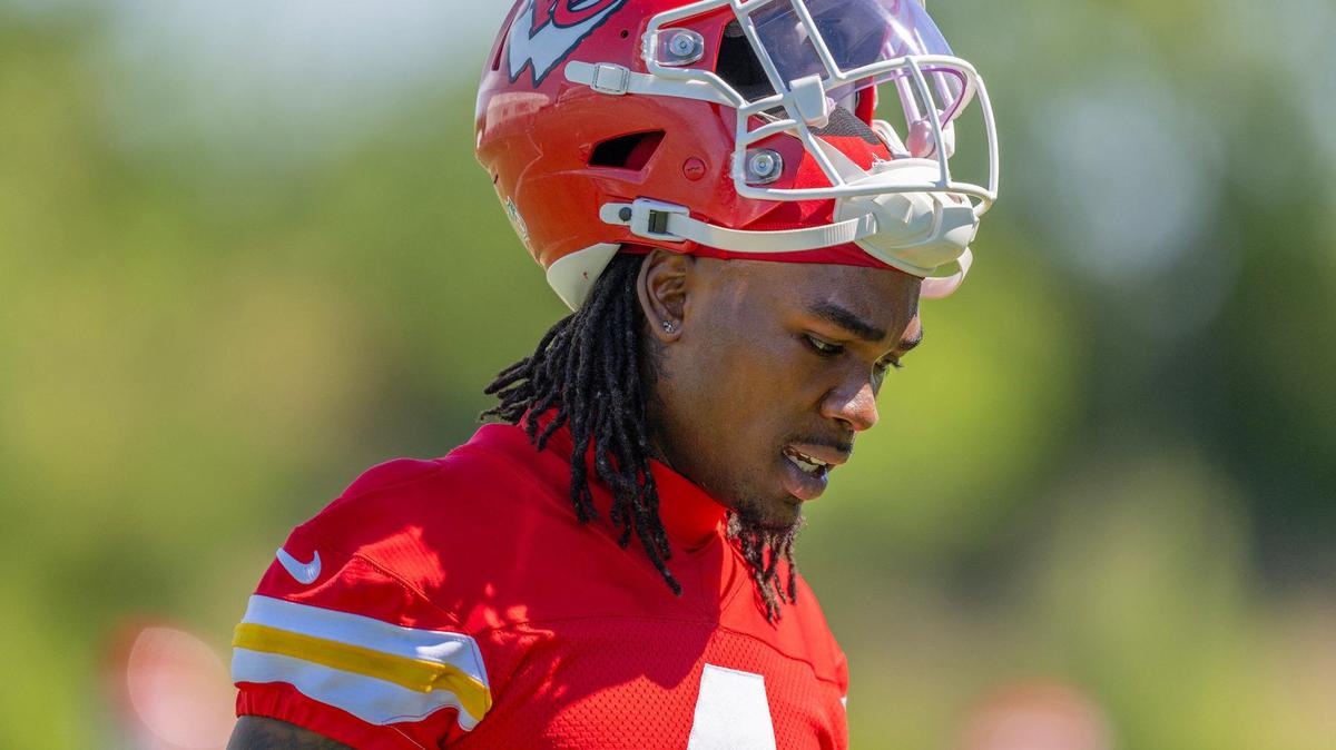 Kansas City Chiefs wide receiver Rashee Rice (4) attends the second day of mandatory mini-camp practice at the Chiefs training complex on Wednesday, June 12, 2024, in Kansas City.