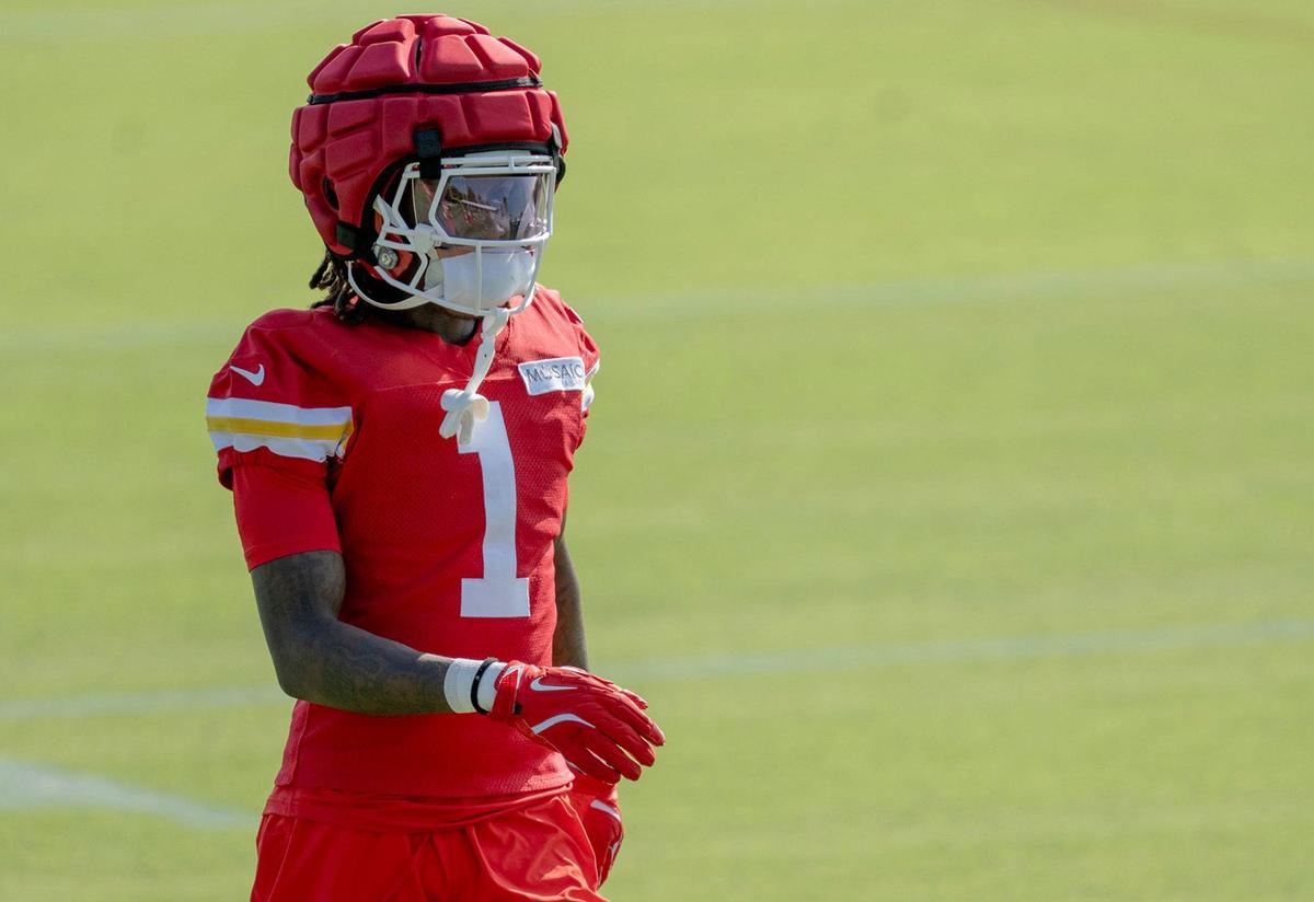 Chiefs first round draft pick receiver Xavier Worthy practices during training camp at Missouri Western State University on Friday, July 19, 2024, in St. Joseph.