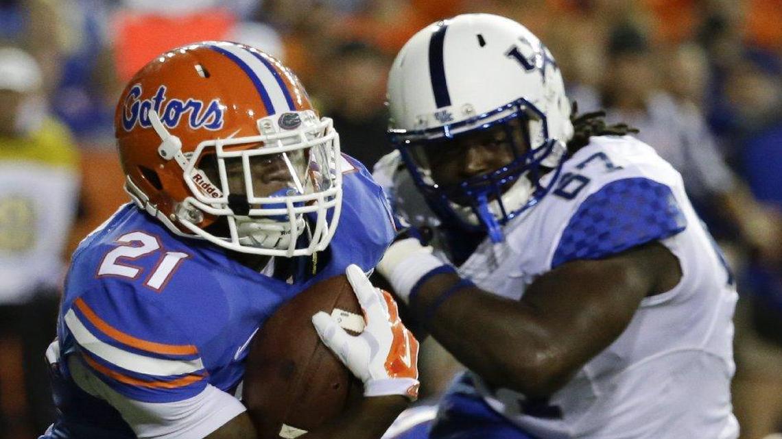 Defensive tackle Cory Johnson (right), who was signed to the Chiefs’ practice squad on Tuesday, played at Kentucky before he was signed by Atlanta as an undrafted free agent in May. He was released by the Falcons before the season opener