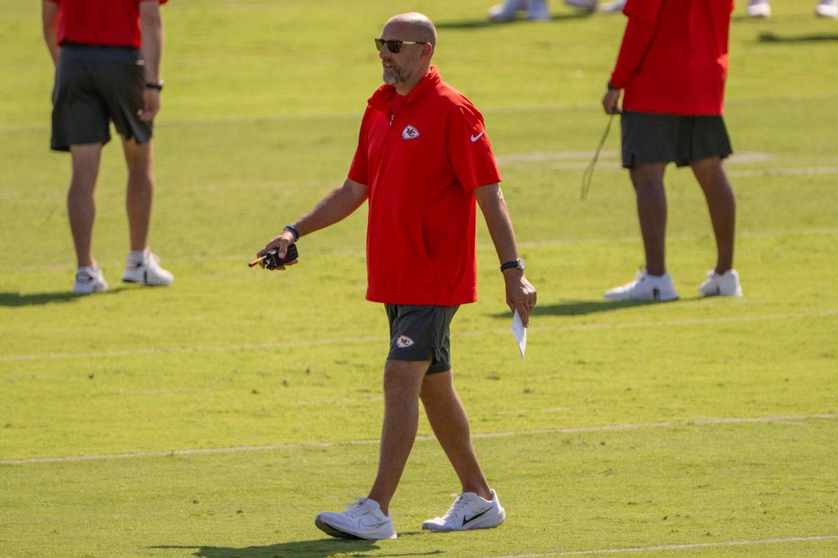 Kansas City Chiefs offensive coordinator Matt Nagy observes players during practice at Chiefs training camp on Wednesday, July 26, 2023, in St. Joseph, Mo.