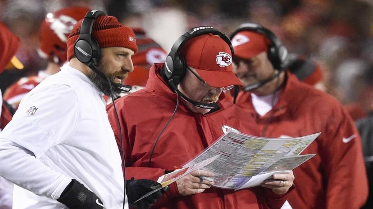 Chiefs head coach Andy Reid, reading through plays flanked by offensive coordinator Matt Nagy, believes in maintaining continuity on his coaching staff.