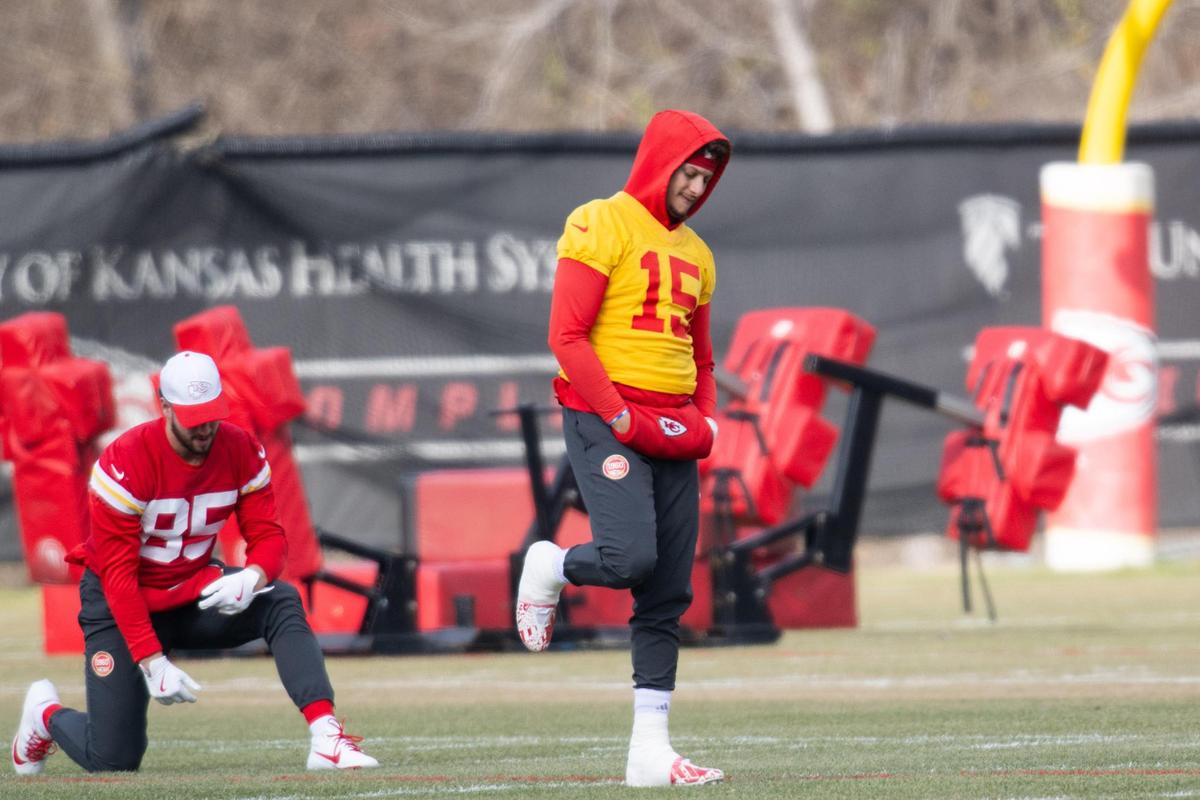 Kansas City Chiefs quarterback Patrick Mahomes stretches at Chiefs practice on Wednesday, Dec. 18, 2024.