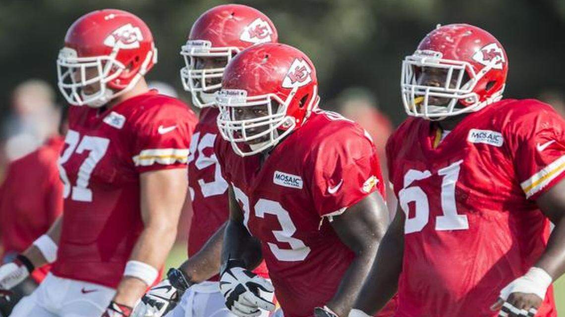 
Chiefs offensive guard Zach Fulton (73) lined up with the starting offensive line unit on Saturday morning during summer training camp practice at Missouri Western State University in St. Joseph.
