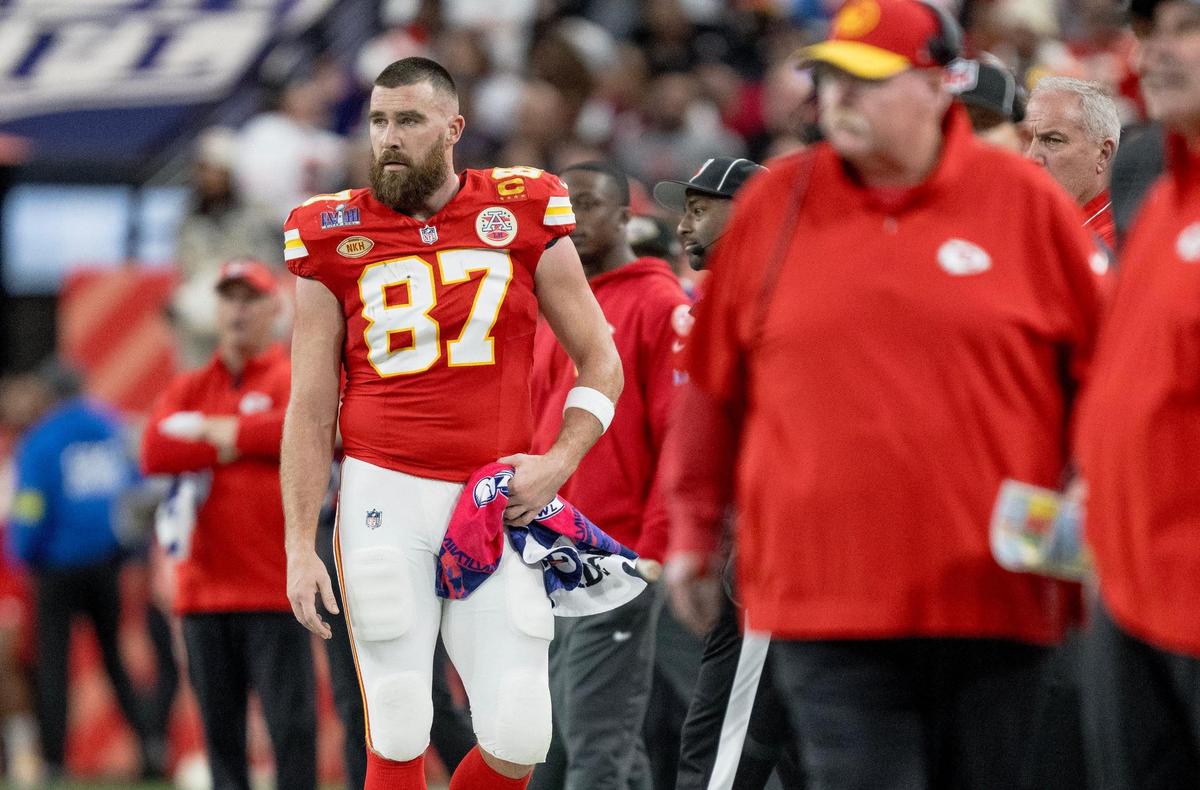 Kansas City Chiefs tight end Travis Kelce (87) walks on the sideline during Super Bowl LVIII against the San Francisco 49ers on Sunday, Feb. 11, 2024, in Las Vegas.