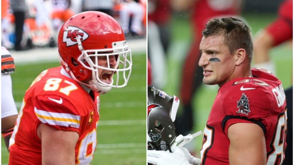 They are two of the best tight ends in NFL history: Kansas City Chiefs star Travis Kelce, left, and recently retired Tampa Bay Bucs tight end Rob Gronkowski.