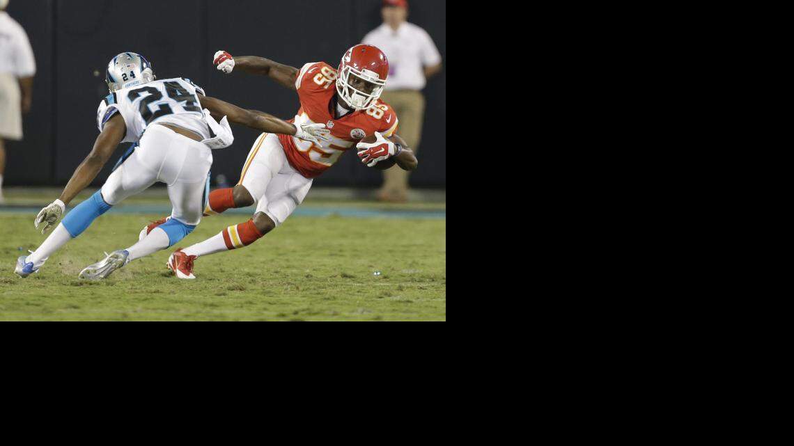 
Frankie Hammond Jr., who joined the Chiefs as an undrafted free agent from Florida last year, caught three passes for 57 yards on Sunday against the Carolina Panthers, including a 33-yarder from Chase Daniel when he worked himself wide open down the sidelines.
